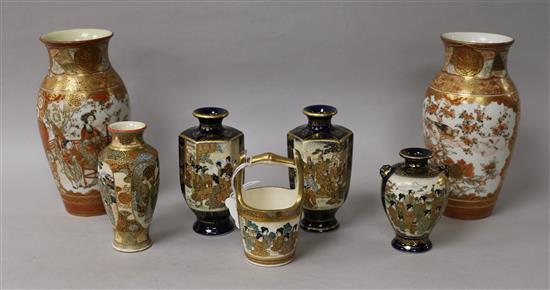 Five Japanese Satsuma miniature vessels and a pair of Kutani vases